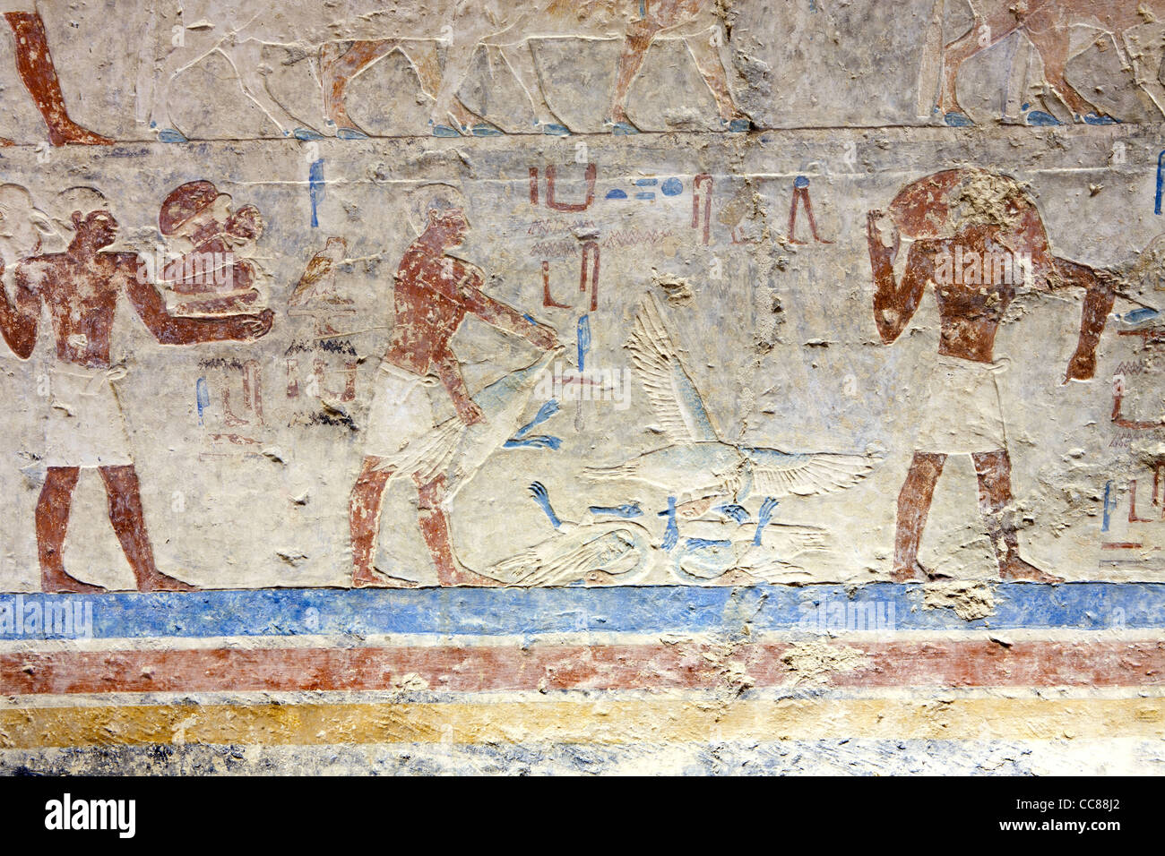Reliefs in the Middle Kingdom tomb of Senbi Son of Ykh Hotep at Meir , North West of Asyut in Middle Egypt Stock Photo