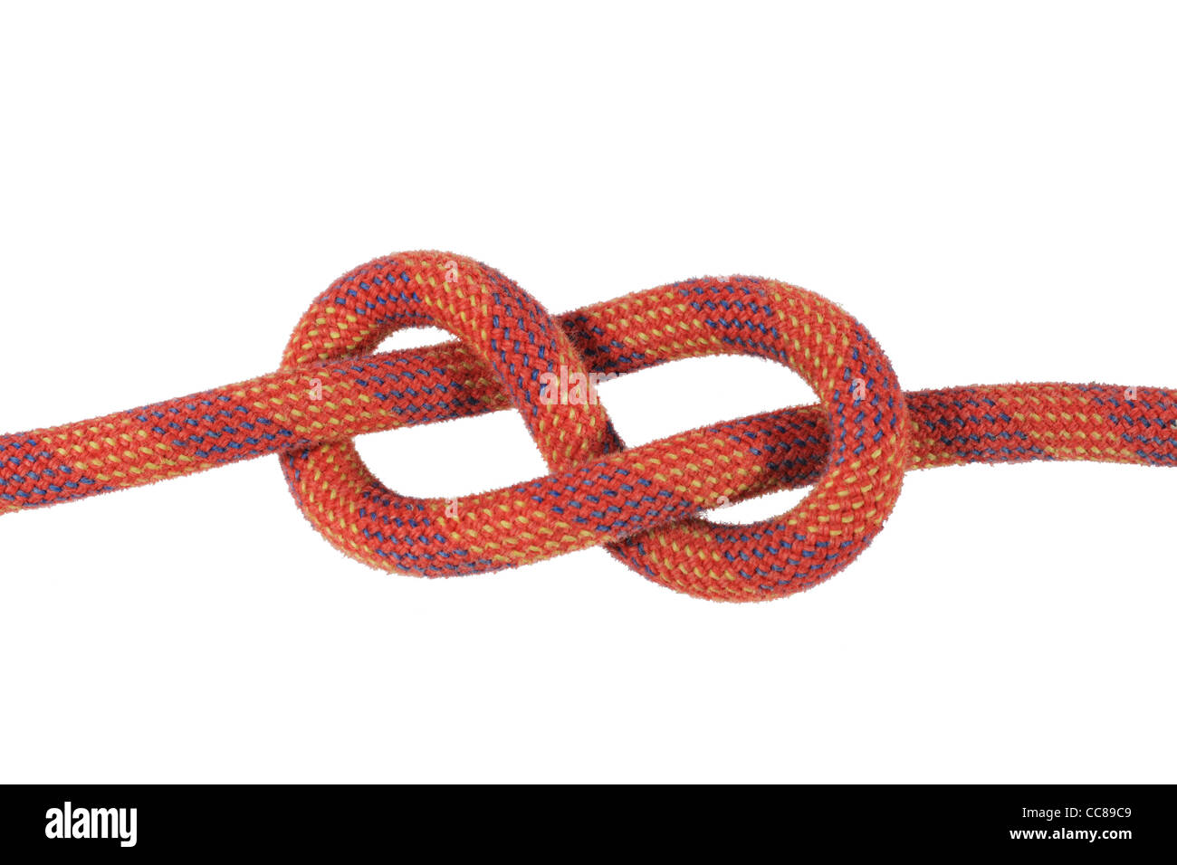 figure eight or flemish knot in red climbing rope isolated on white Stock Photo