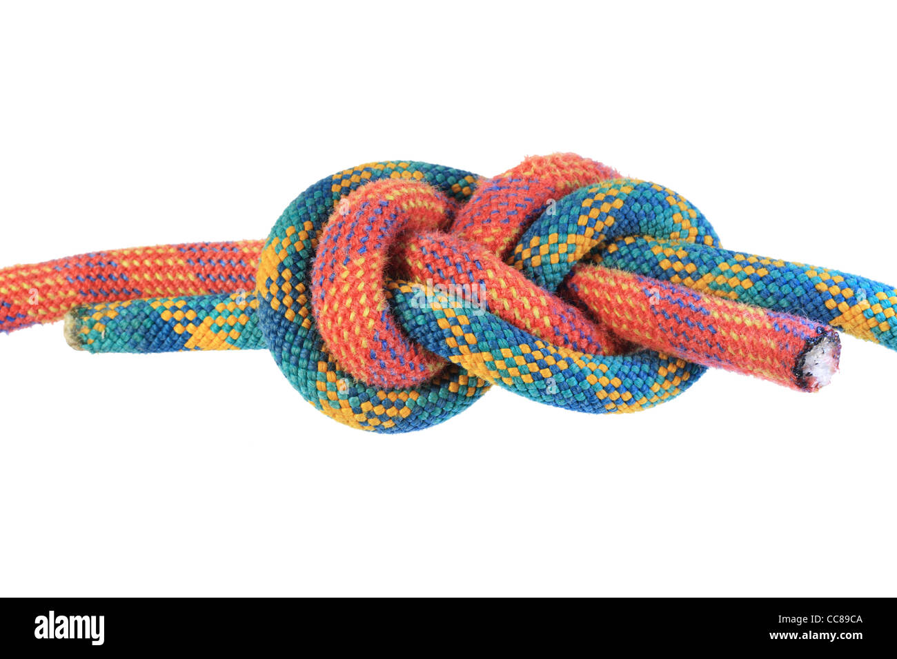figure eight or flemish knot in red and green climbing ropes isolated on white Stock Photo