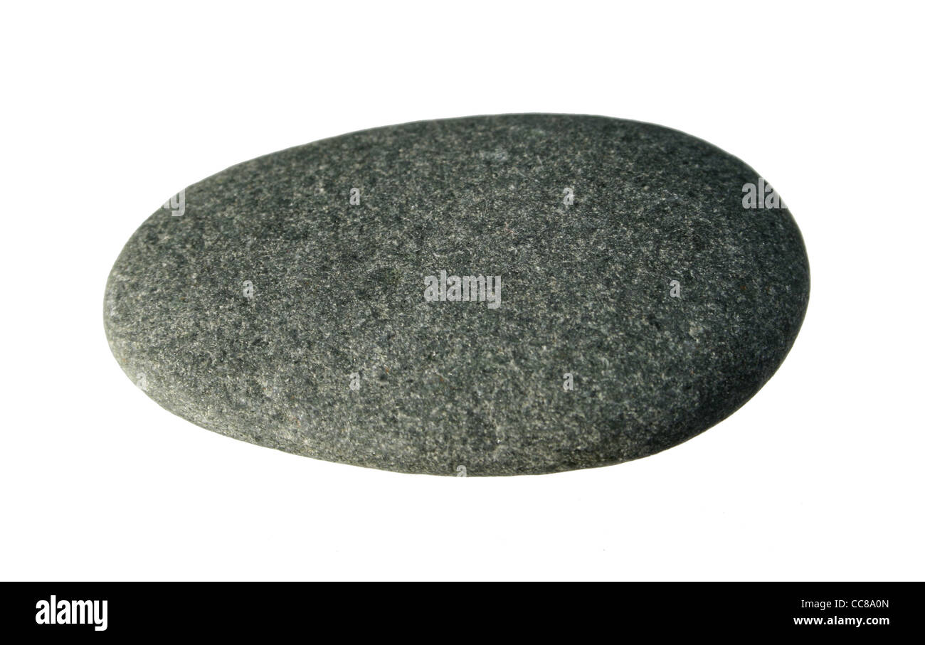 Smooth flat gray pebble isolated on white background Stock Photo