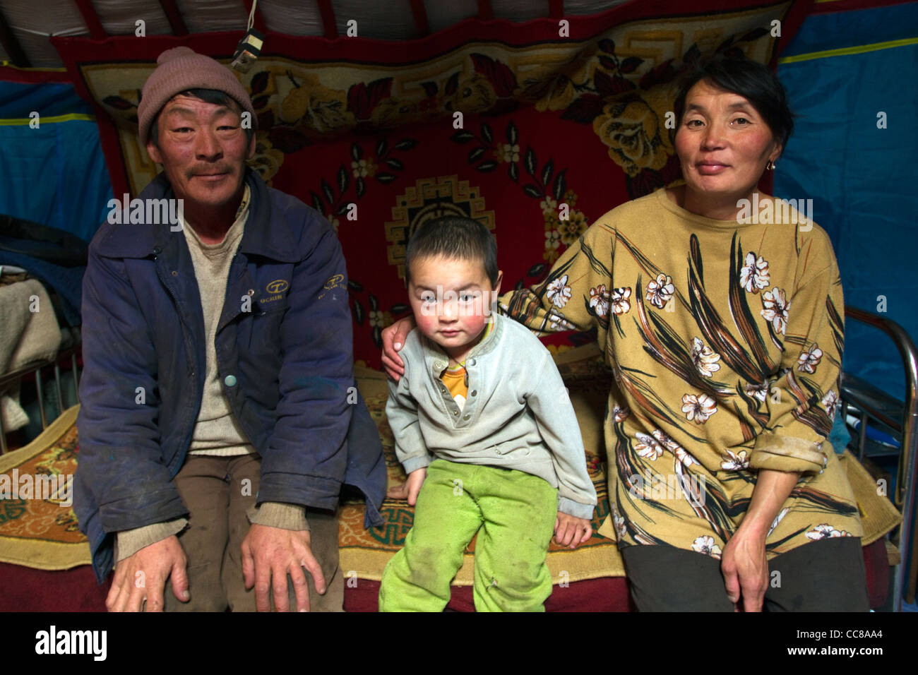 Mongolian family in their ger Erdenet Mongolia Stock Photo