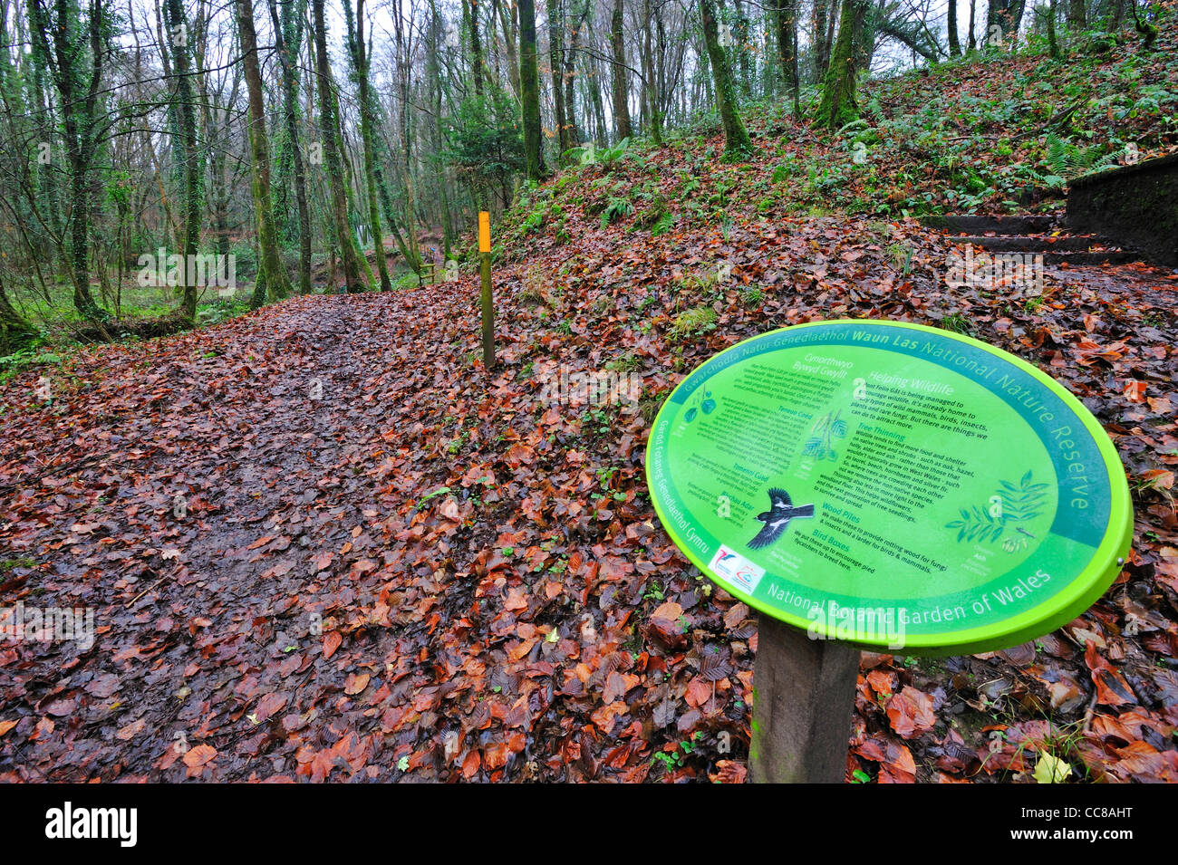 Information board on a nature trail at Welsh National Botanical Gardens Stock Photo