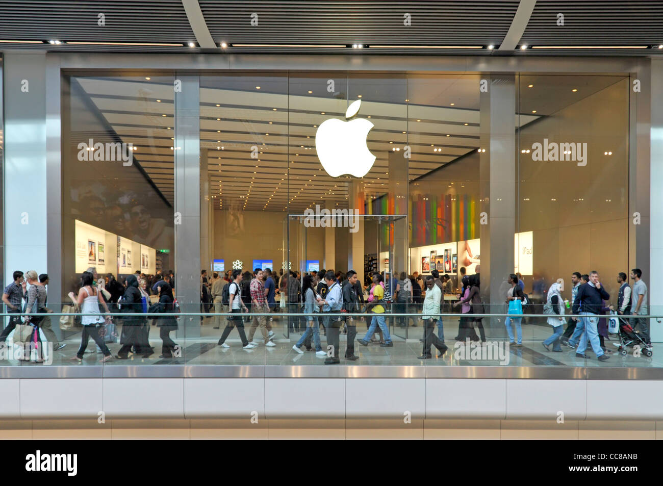 The Apple chain store technology retail business shop front in the Westfield Stratford indoor shopping centre mall in Newham East London England UK Stock Photo