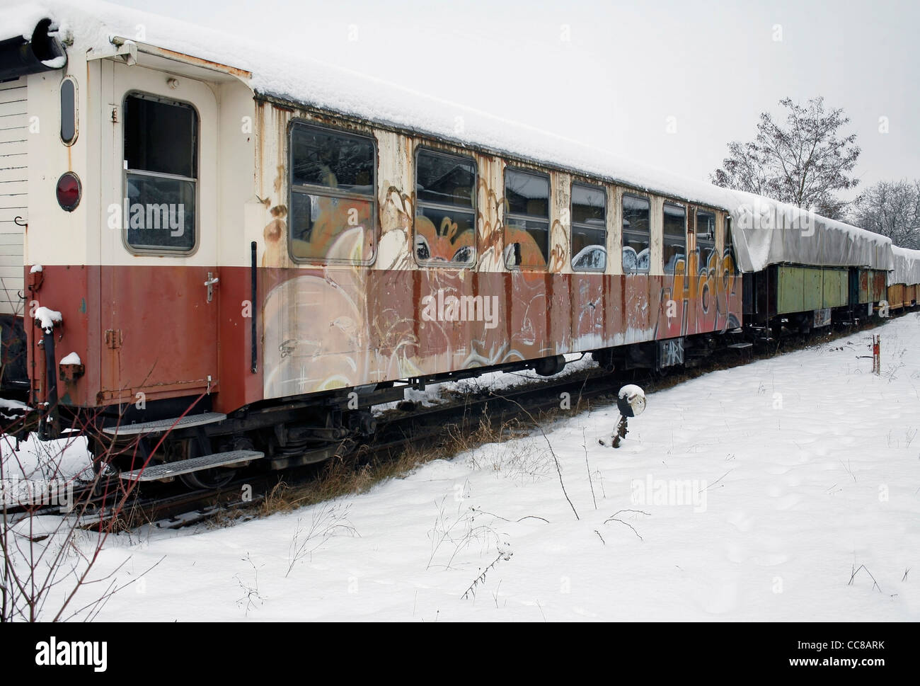 outdoor shot of a old railway car in Southern Germany at winter time Stock Photo