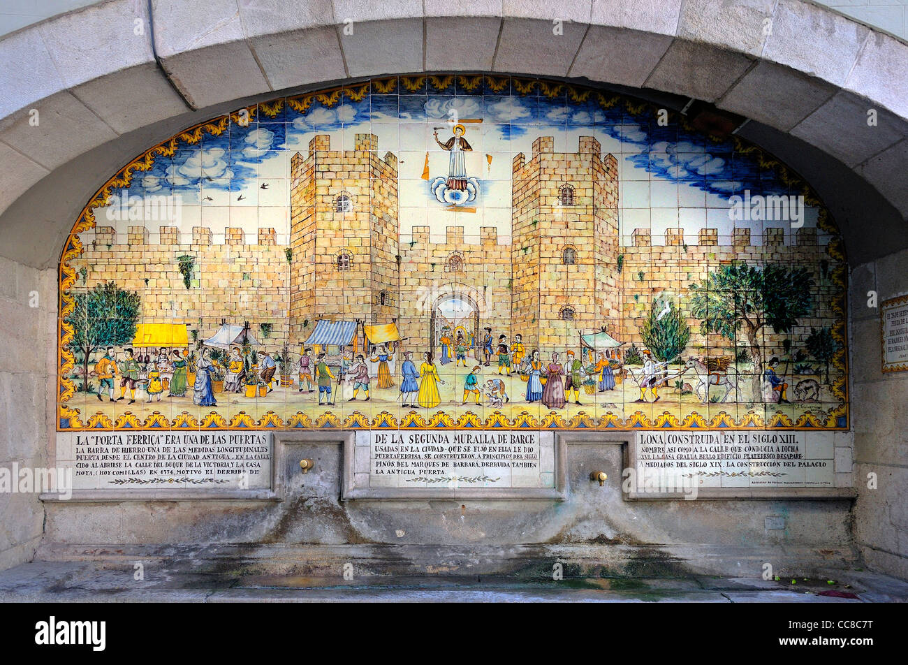 Barcelona, Spain. Portaferrissa Fountain. Tiled picture on Calle de la Portaferrissa. The 'Porta Ferrica' Stock Photo