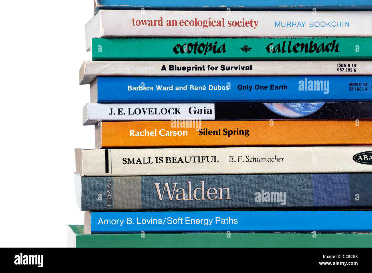 A selection of books on environmental issues, including historic titles that have influenced the green movement. Stock Photo