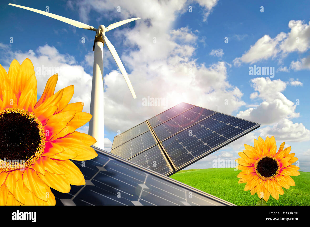 Sunflowers, solar panels and wind turbines in a green field Stock Photo ...