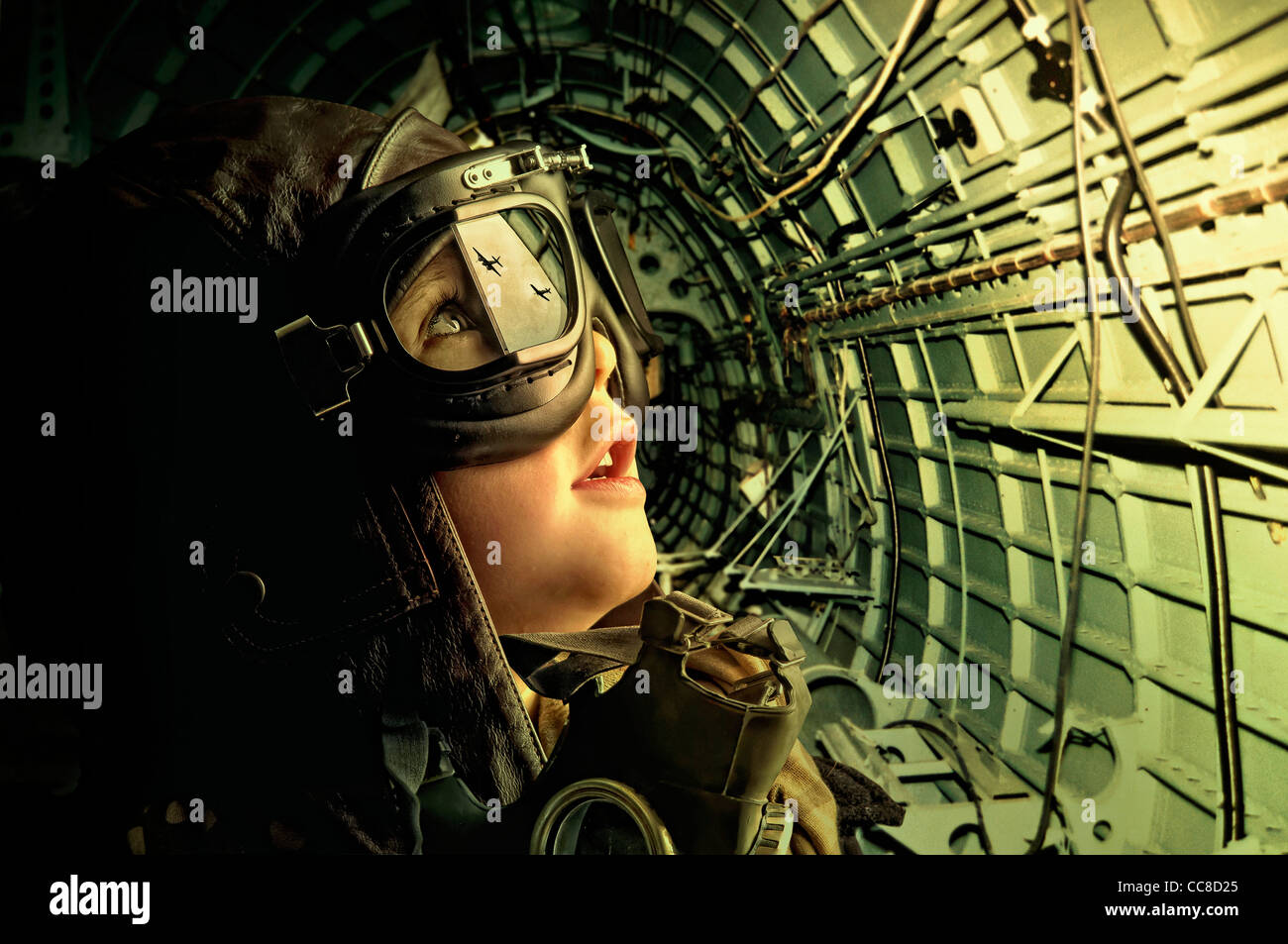 Young aviator looking at enemy planes Stock Photo
