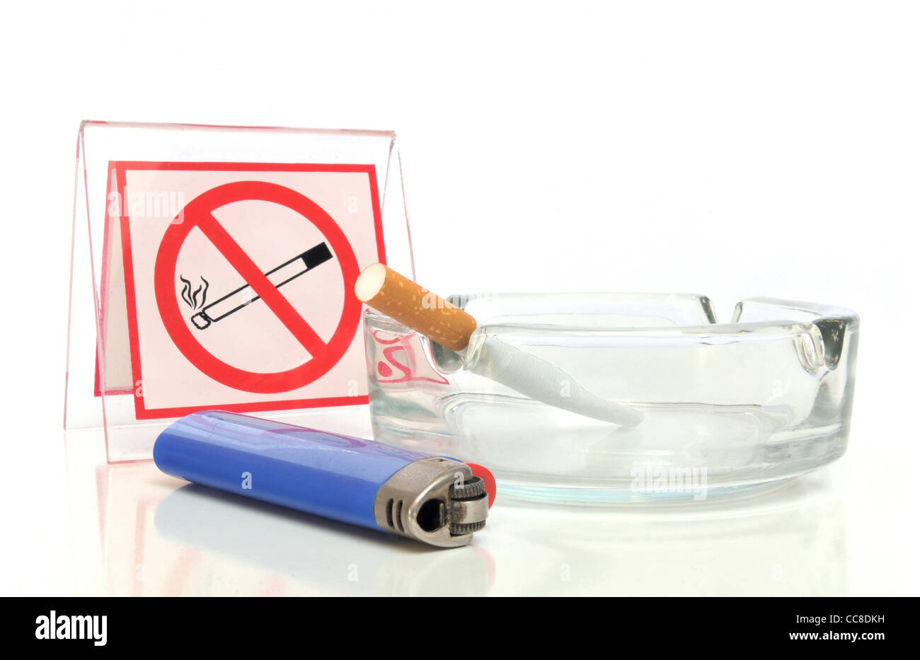 Smoking not allowed Blue lighter, ashtray with cigarette and no