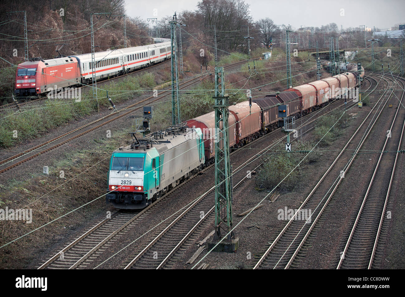 Freight and passenger trains Germany Stock Photo