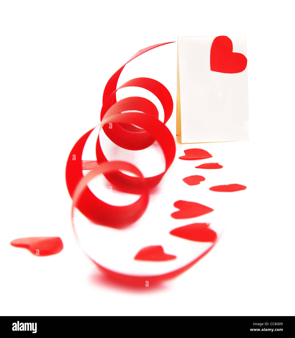 Blank card with red heart & ribbon isolated on white background ...