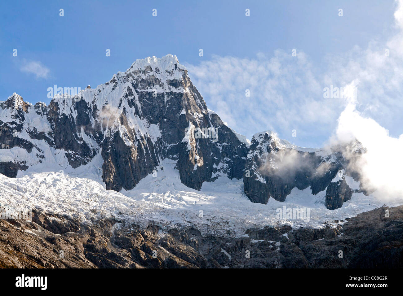 View of the peruvian Andes, Santa Cruz trek, huascaran national park, cordillera blanca, Taulliraju mountain Stock Photo