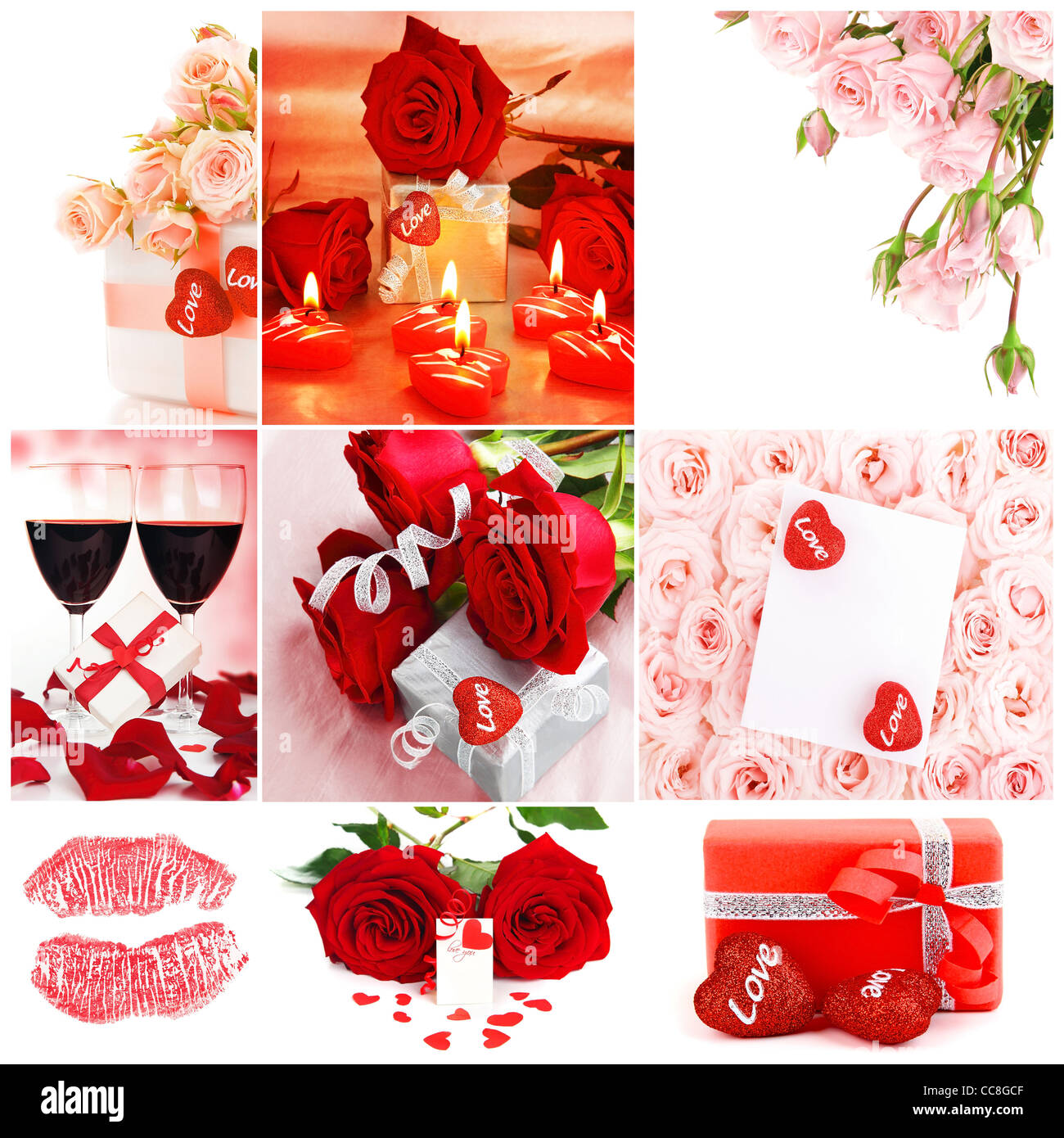 Love concept collage with various images of roses, gifts , hearts & cards Stock Photo