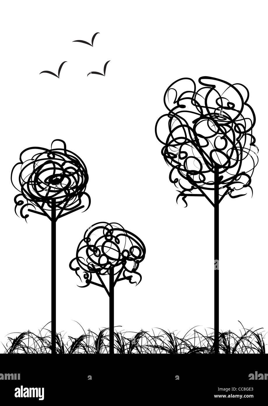 black and white illustration of trees Stock Photo - Alamy
