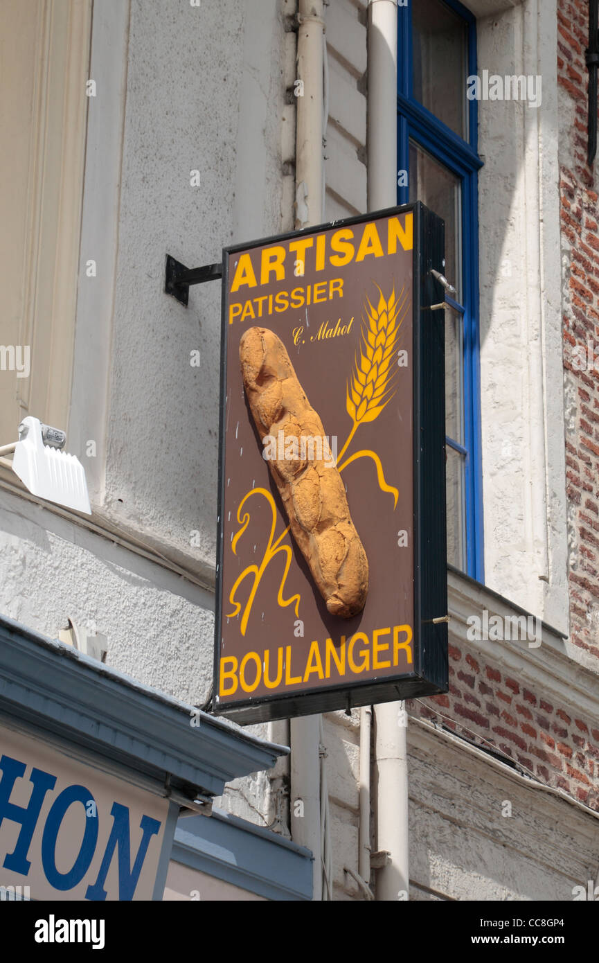 A generic Artisan Boulanger Patissier sign above a shop in Cambrai, Nord-Pas-de-Calais, France. Stock Photo