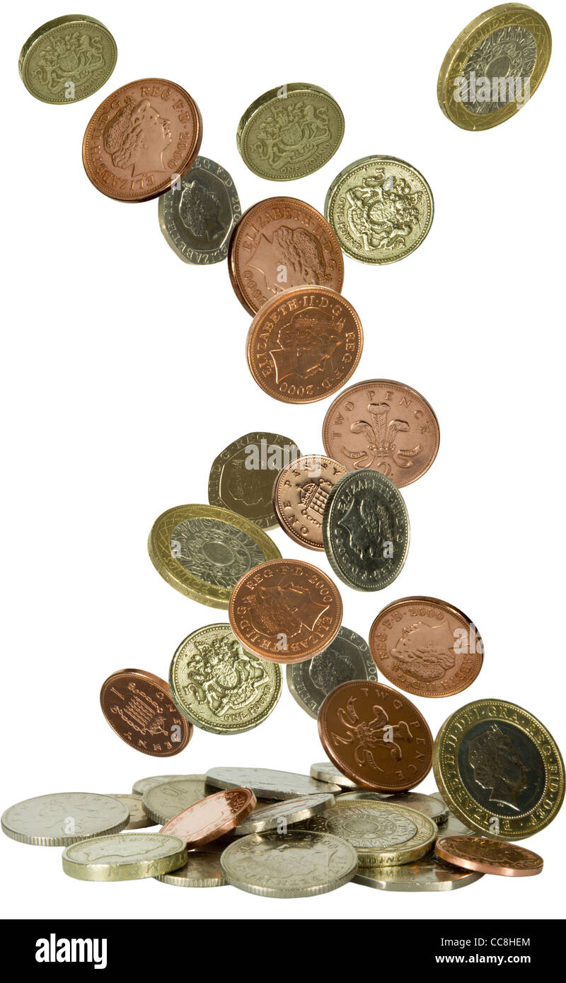 British coins falling into a pile isolated on white Stock Photo