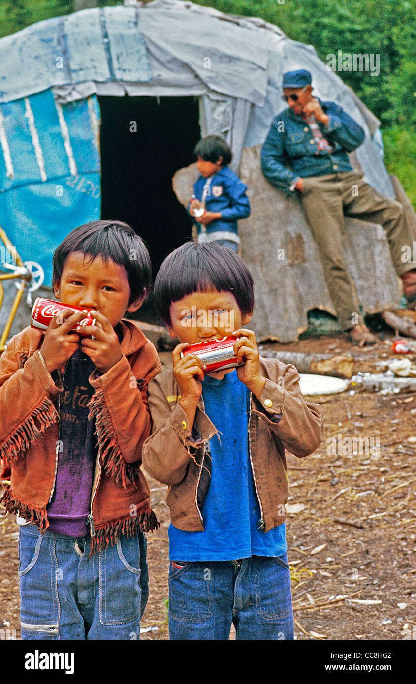 Native American;Aboriginal Children drinking soft drinks at Indian Reserve Stock Photo