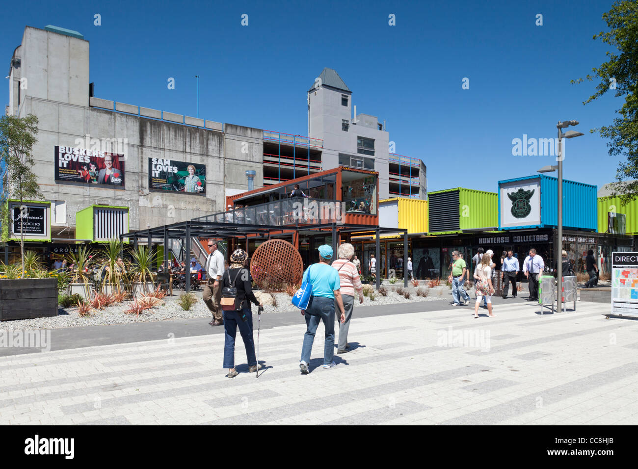 People walking in the shopping mall made from shipping containers in central Christchurch New Zealand. Stock Photo