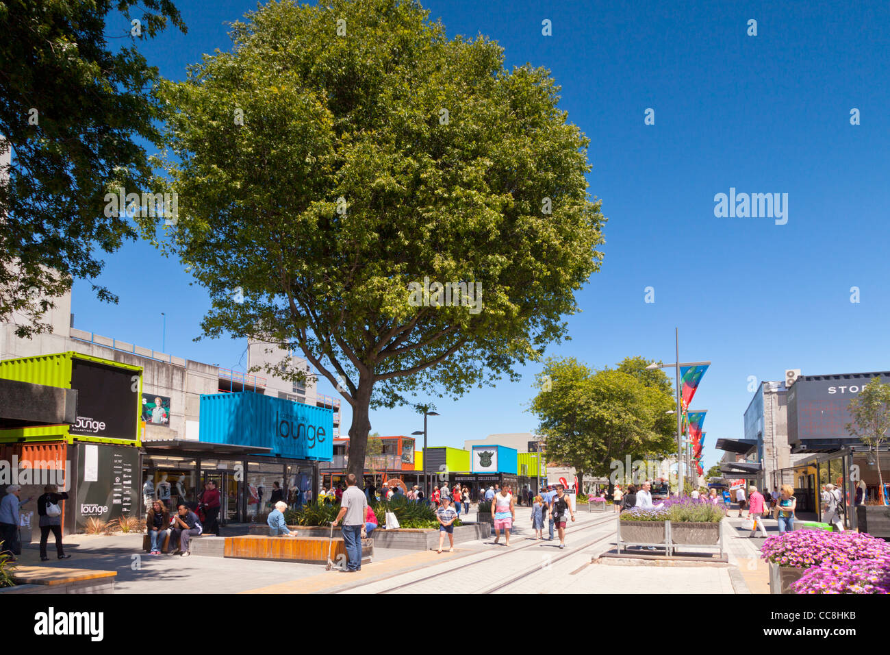 Shopping mall made from shipping containers in central Christchurch New Zealand. Stock Photo