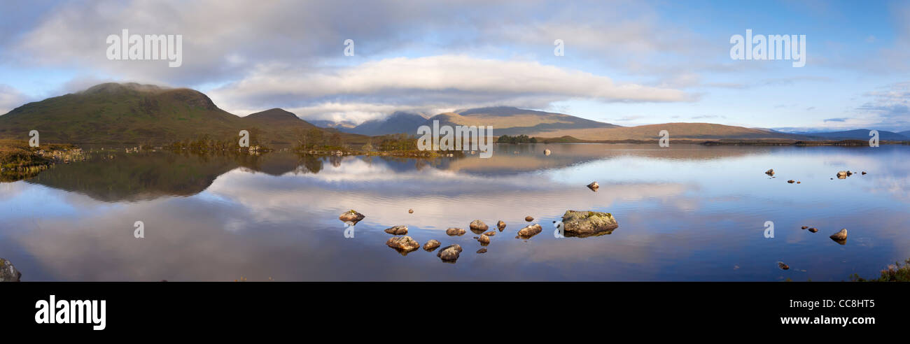 Panorama of late summer on Rannoch Moor, with Lochn na h-Achlaise and the Black Mount. Stock Photo