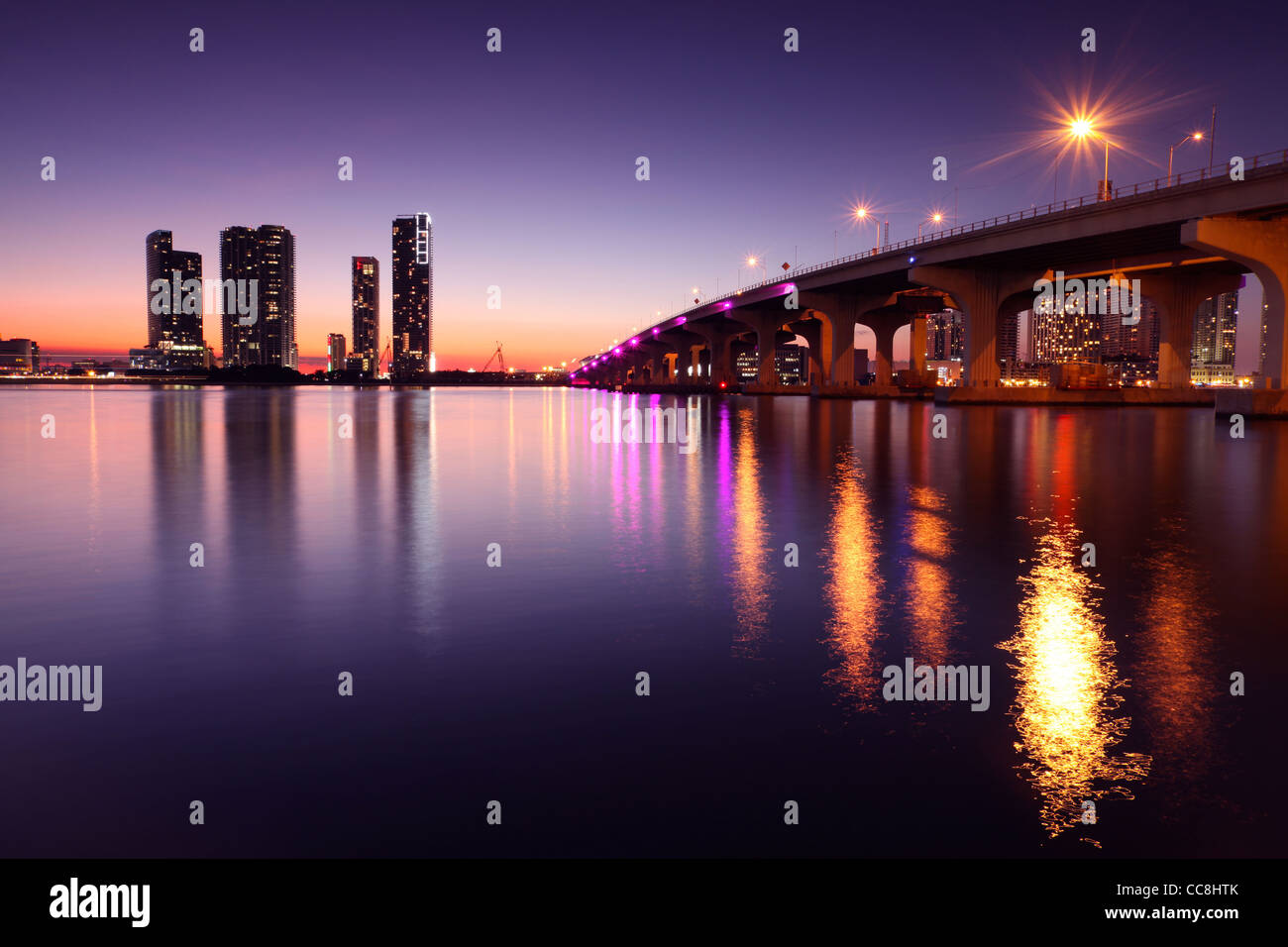 MacArthur Causeway and Miami Skyline in Twilight Stock Photo