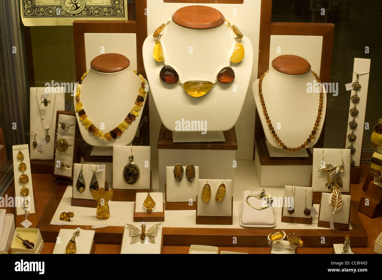 Amber Jewelry in A Shop Window In Cracow, Poland Stock Photo