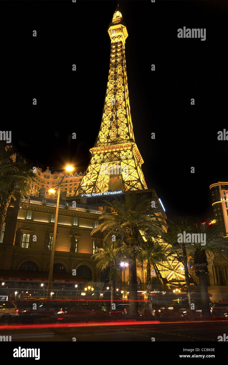 Eiffel Tower Paris Las Vegas hotel night strip Stock Photo