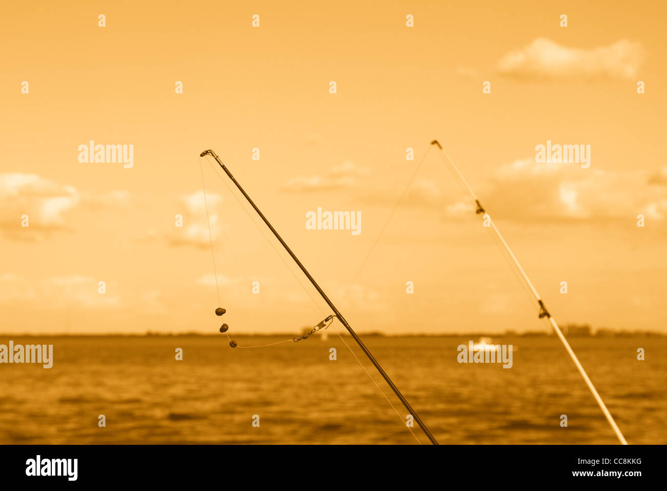Two fishing rods with gut line with orange sky Stock Photo - Alamy