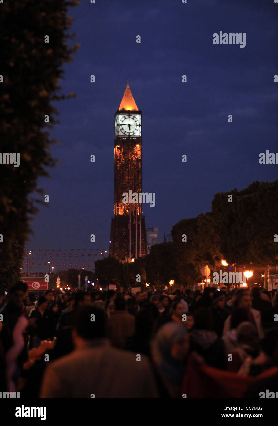 people, landmarks, tunis, revolution, celebration, tunisia, crowd, night, view, city, sky, blue, time, watch, Stock Photo