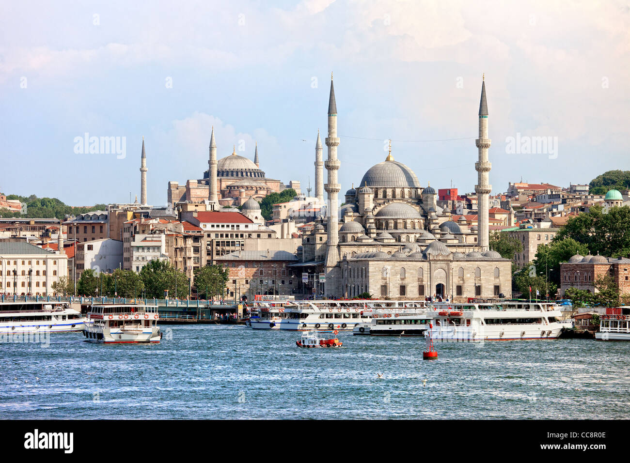 Scenery of the Eminonu district in the city of Istanbul in Turkey with New Mosque and Hagia Sophia at the farther end Stock Photo