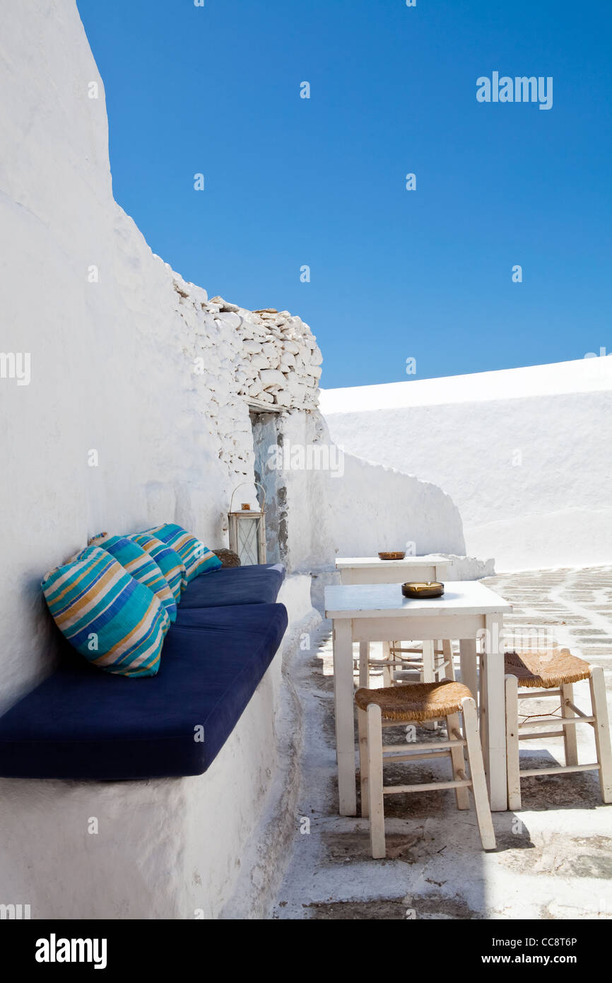 Outdoor Restaurant Tables With Blue Sky In Mykonos Greece Stock