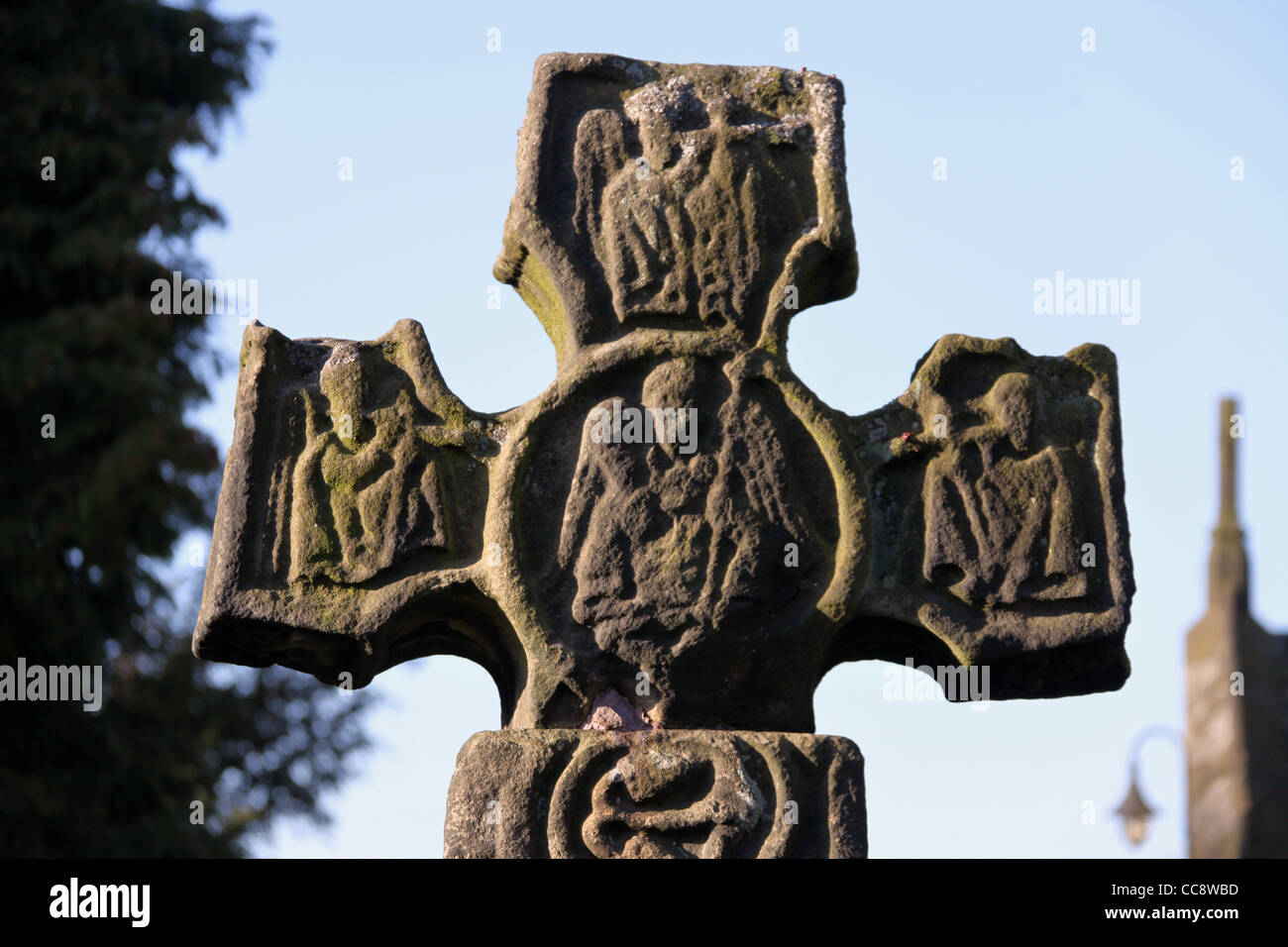 8th Century Celtic Cross in Eyam Churchyard Stock Photo
