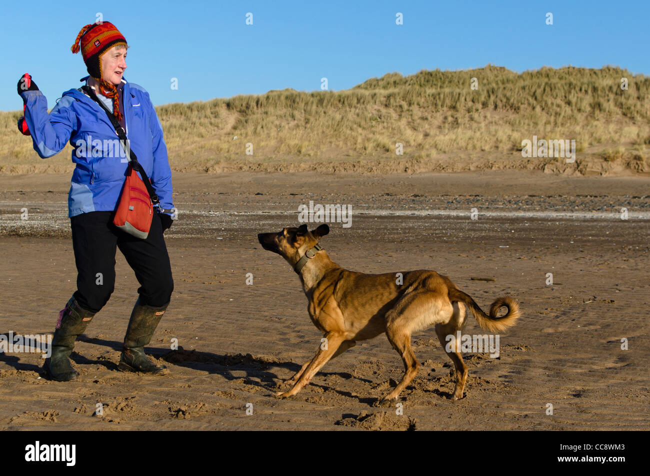 A dog owner throwing a ball for her dog on the beach at Drigg, Cumbria