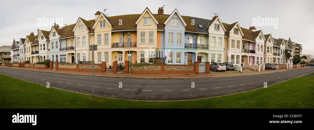 Panorama of a street of Edwardian terraced houses in Worthing, West Sussex, UK Stock Photo