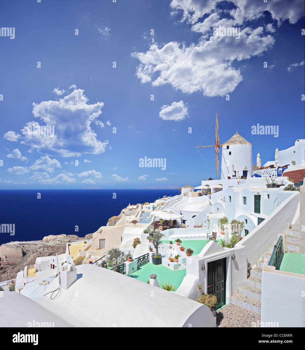 A view over a village on Santorini island Stock Photo