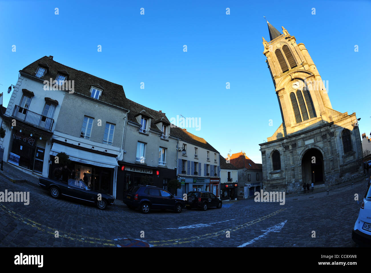 Little French picturesque town of Montfort L'Amaury in IDF, Department Yvelines taken with Fish Eye lens Stock Photo