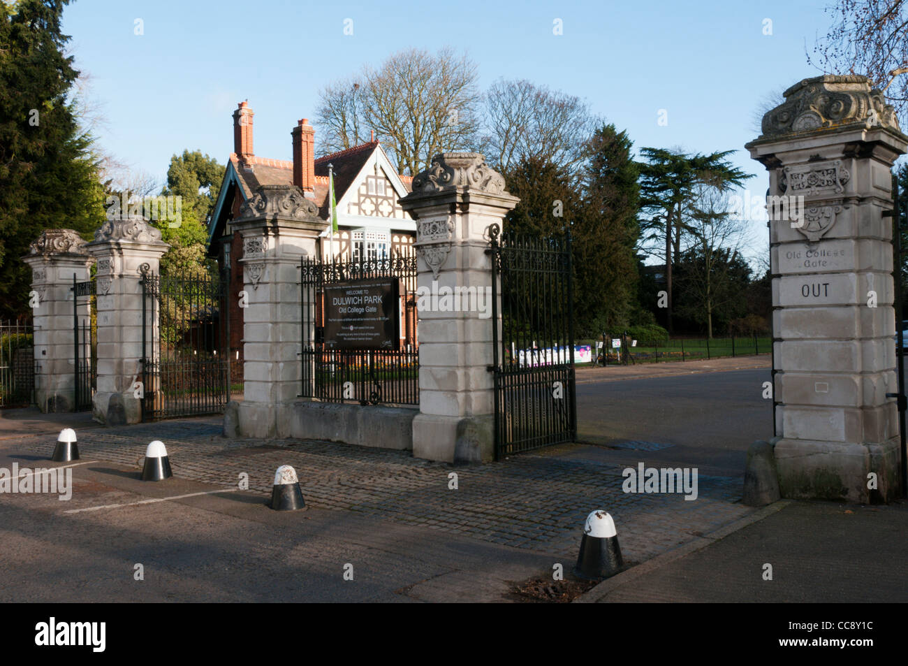 The Old College Gates to Dulwich Park in South London. Stock Photo