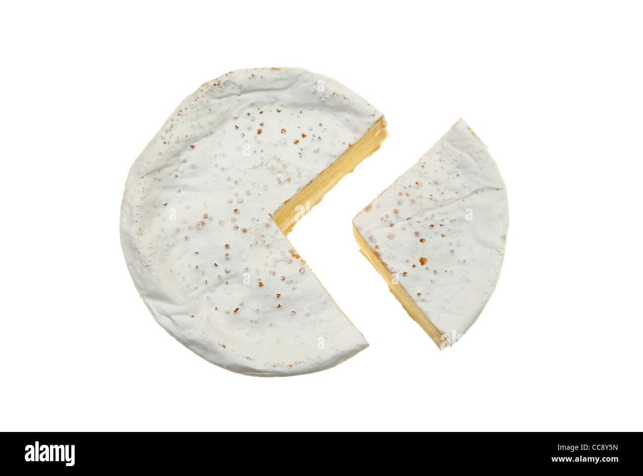 Camembert cheese round with a segment cut out viewed from above could be used as a pie chart Stock Photo