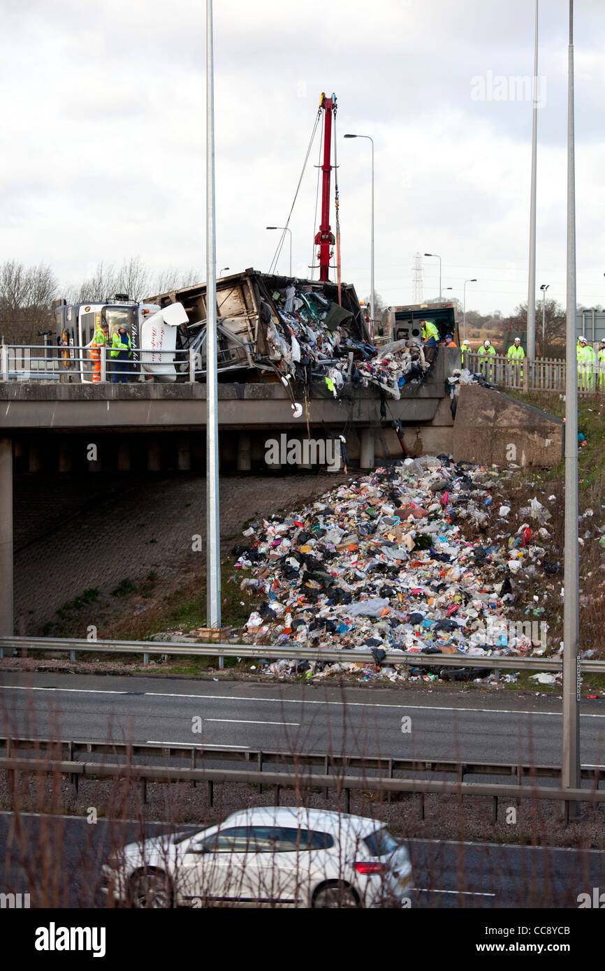 A lorry blown over by the wind on Junction two of the M6 motorway