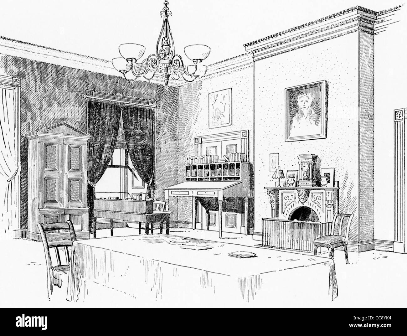 This illustration shows Abraham Lincoln's executive office and cabinet room in the White House. Stock Photo