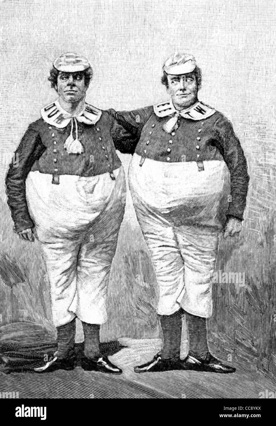Tweedledum and Tweedledee are fictional characters in an old English nursery rhyme, and in a novel by Lewis Carroll. Stock Photo