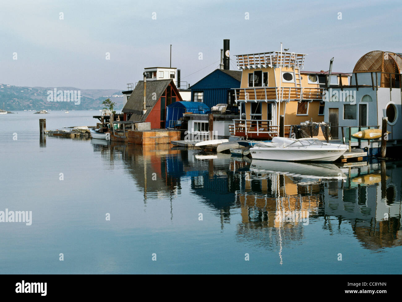 Cluster of Floating Homes, Sausalito, Marin County, California, USA  1987 Stock Photo