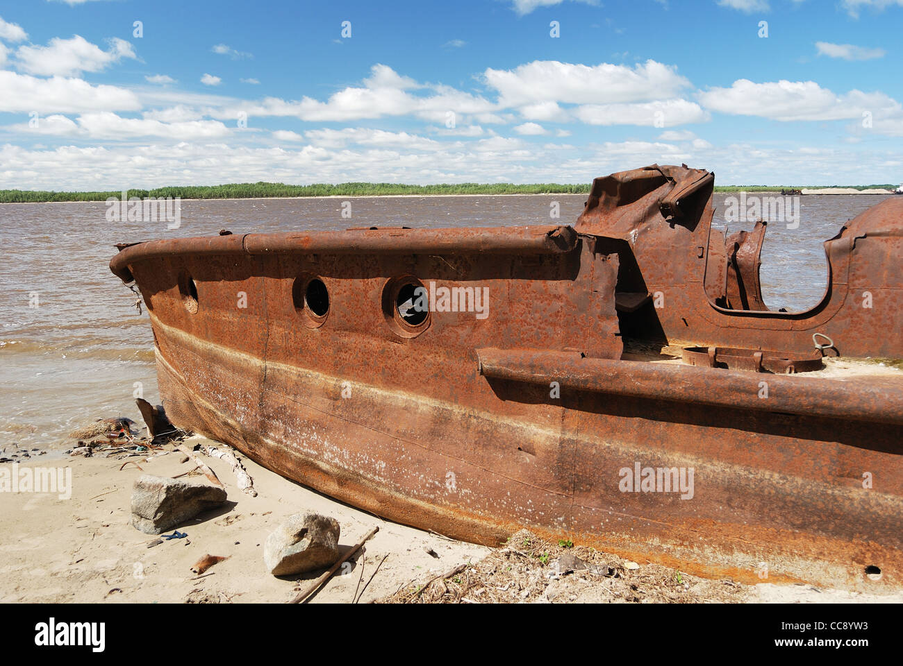 rusty ship on the shore of Ob river in Russia Stock Photo