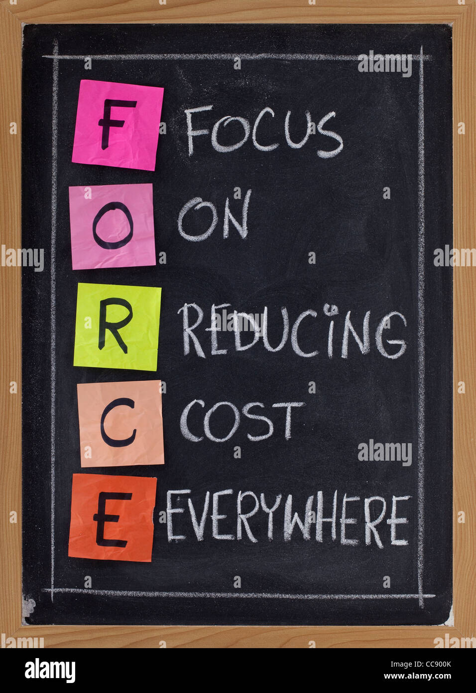 FORCE acronym (focus on reducing cost everywhere) - white chalk handwriting and color sticky notes on blackboard Stock Photo