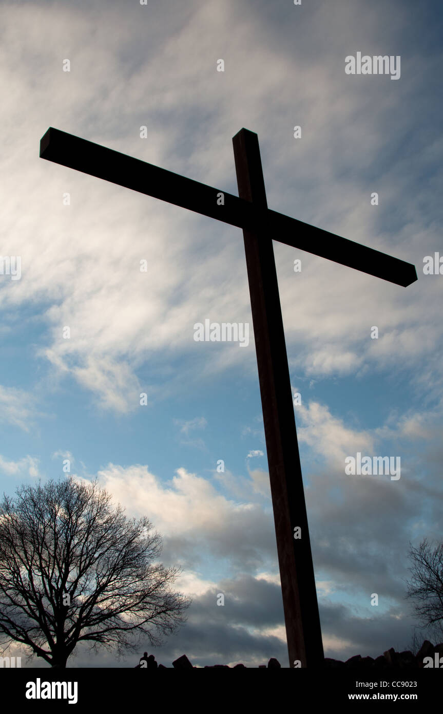 large cross against great cloudy winter sky on Birkenkopf mountain in Stuttgart, Germany Stock Photo