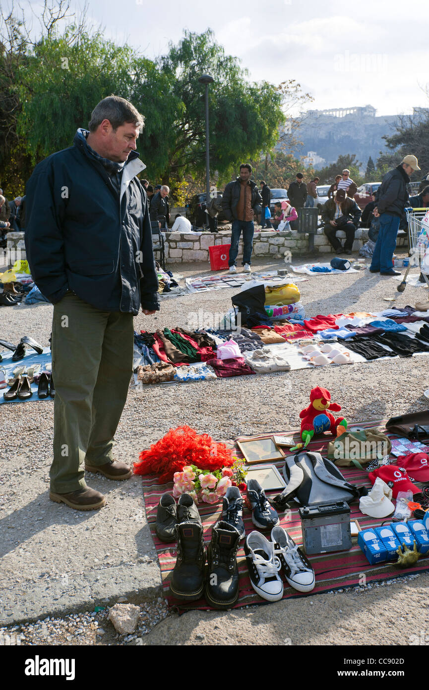 Flea market in front of Acropolis, Athens, Greece, Europe Stock Photo