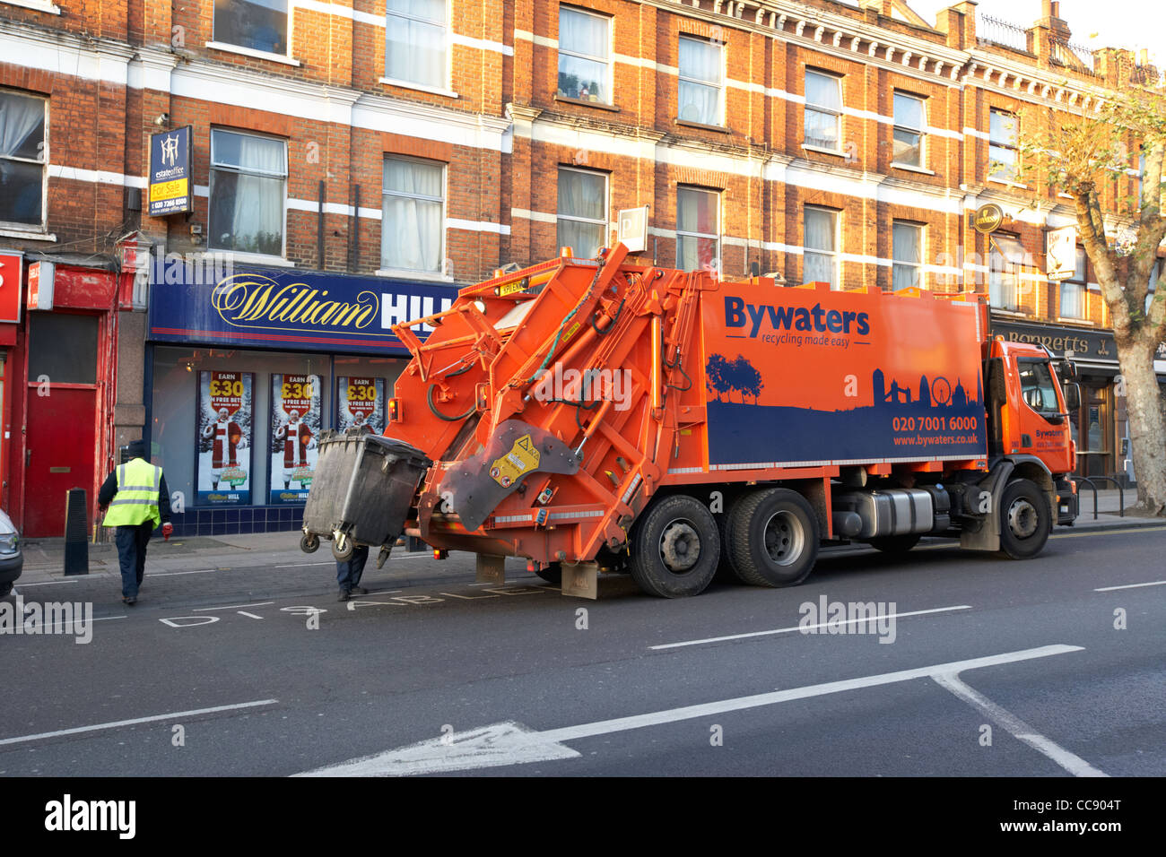 bywaters waste management recycling truck bin emptying London England UK United kingdom Stock Photo