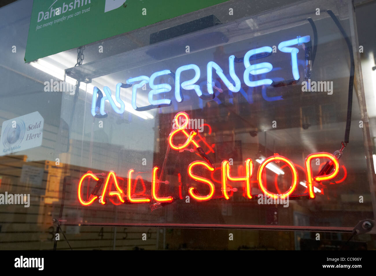 neon sign for internet and telephone call shop London England UK United kingdom Stock Photo