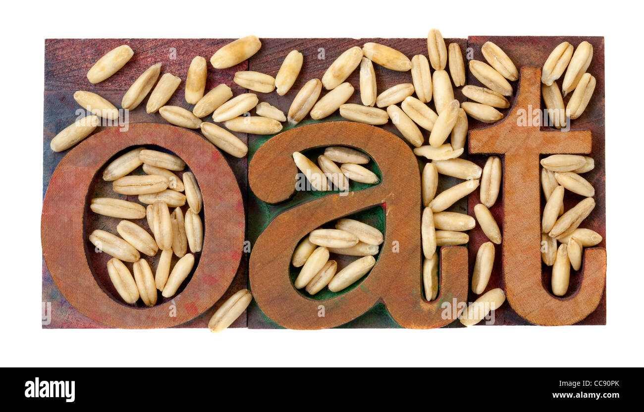 oat word in vintage letterpress printing blocks combined with grain