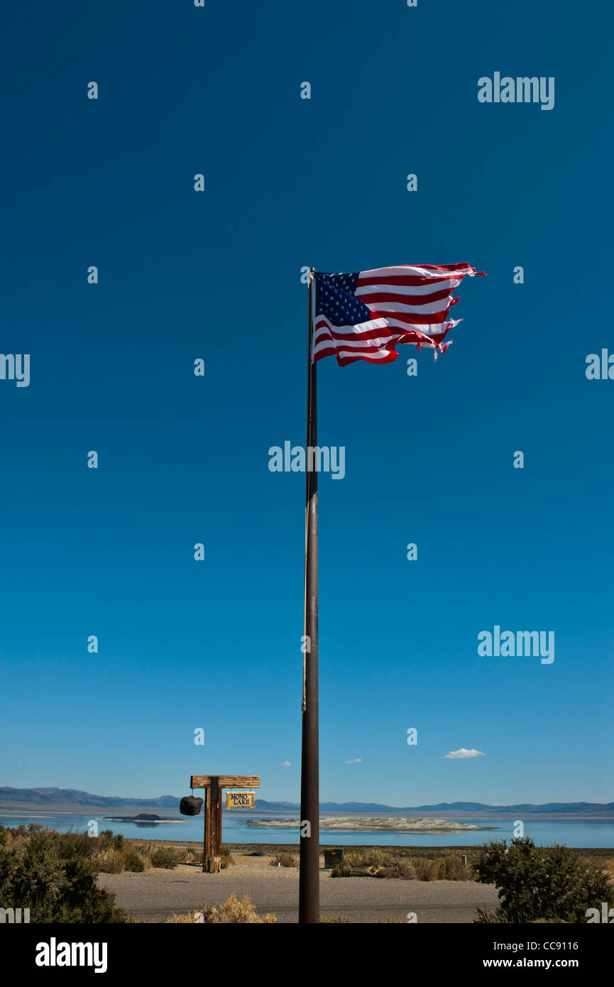 American flag Mono Lake, California. USA Stock Photo